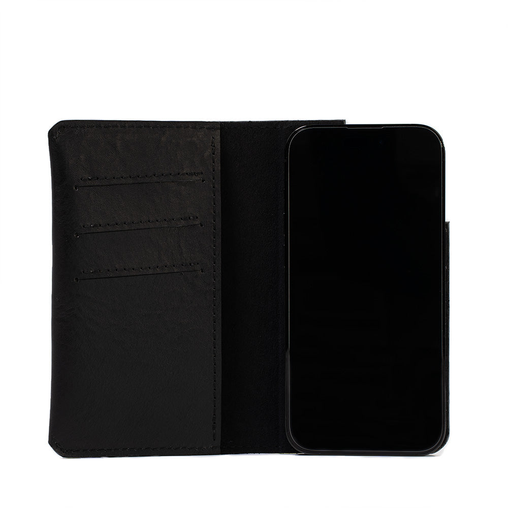 iPhone folio case wallet made from premium Italian leather in black color with MagSafe attachment