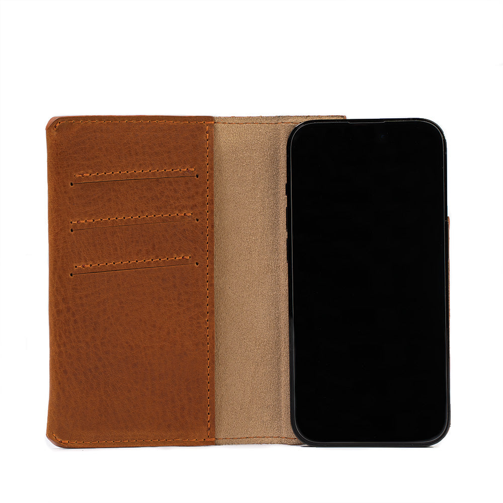 iPhone folio case wallet made from premium Italian leather in cognac brown tan color with MagSafe attachment