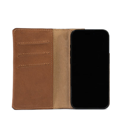 folio case wallet for iPhone 12 13 14 made from premium Italian leather in walnut brown color with MagSafe attachment