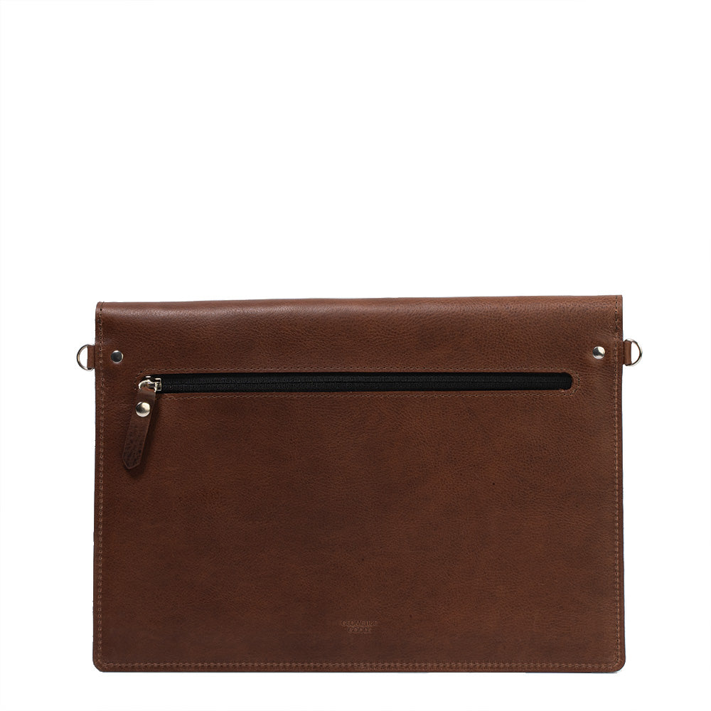 mahogany color MacBook Leather Sleeve with adjustable strap made by Geometric Goods from premium quality Italian leather for lady and men 
