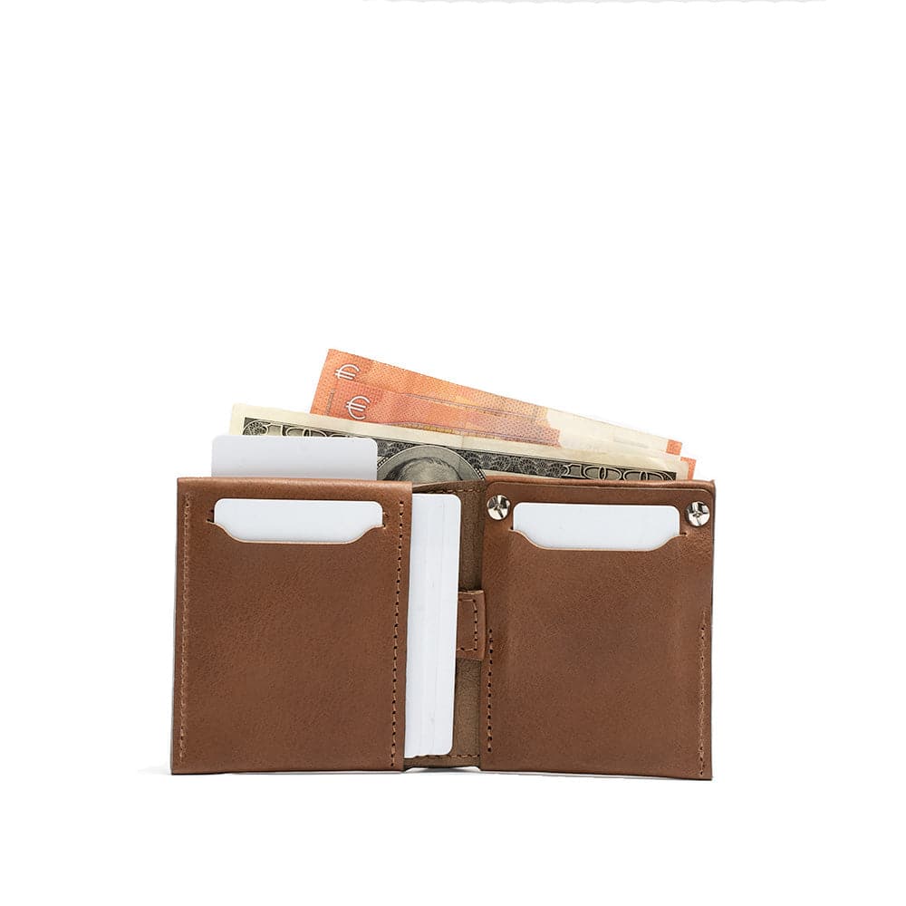 Brown leather billfold wallet with AirTag