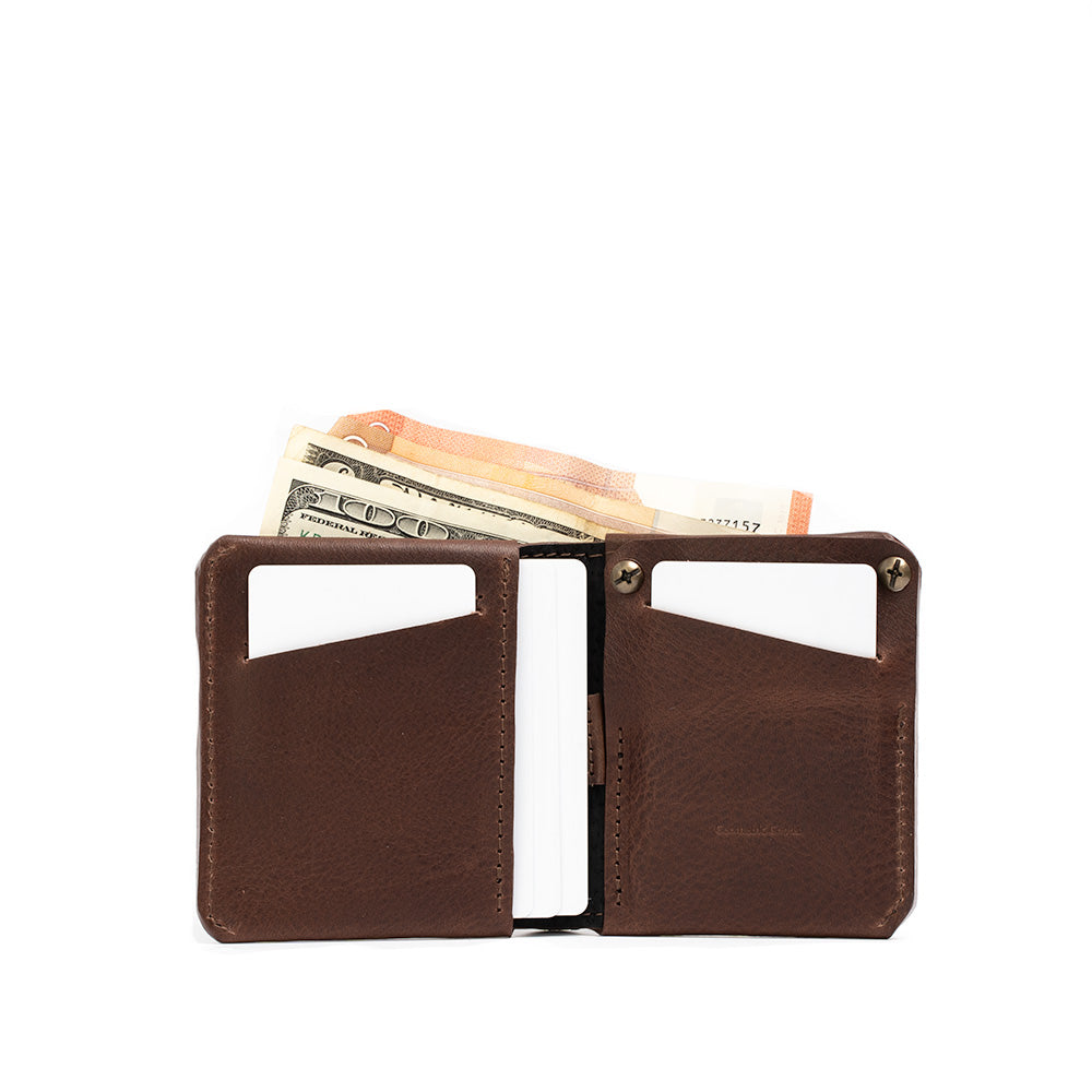 high quality AirTag billfold wallet for cash and cards in dark brown mahogany color for men by Geometric Goods not sale on Amazon
