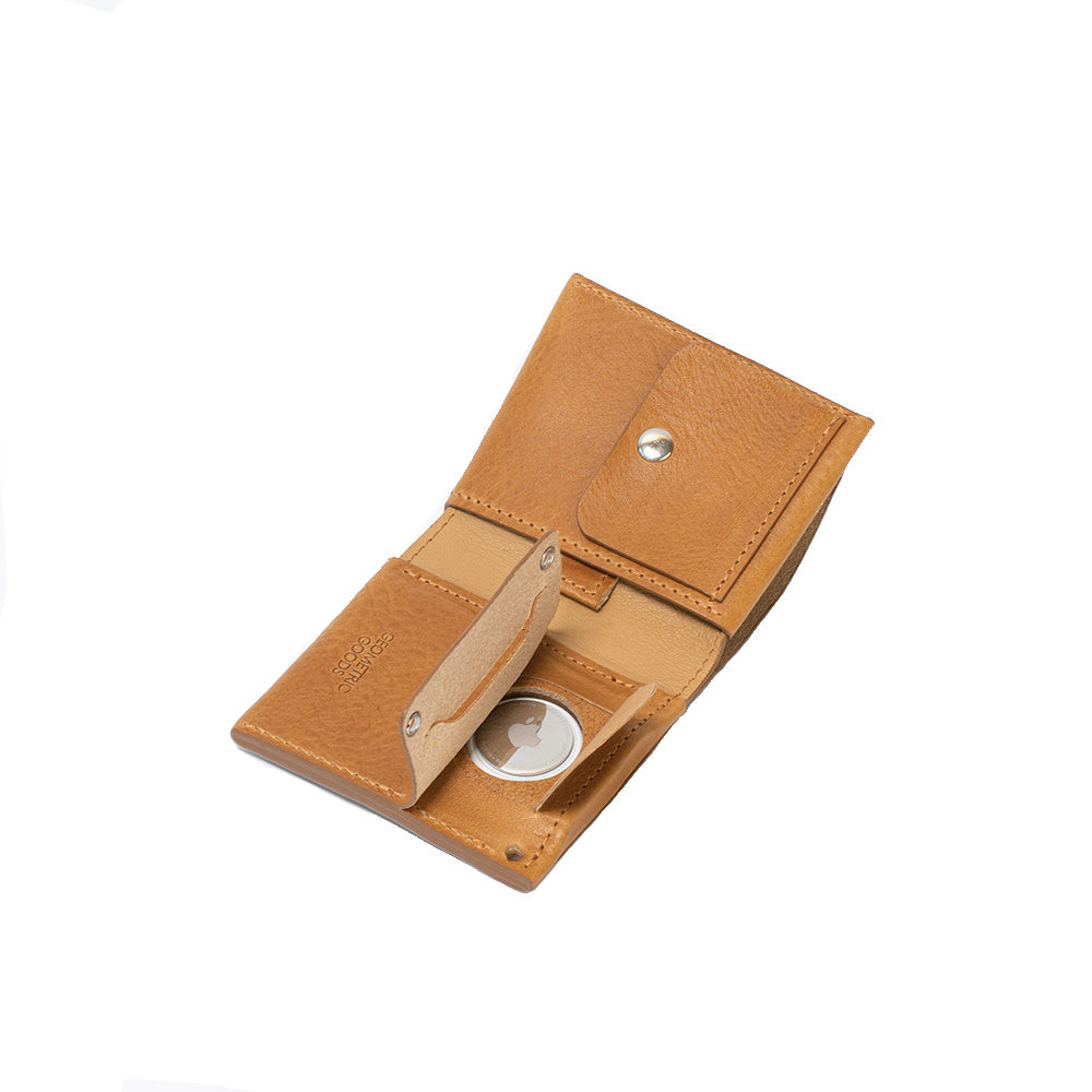 Geometric Goods light brown Italian leather AirTag wallet with coin pouch, designed for both men and women, blending style and functionality.