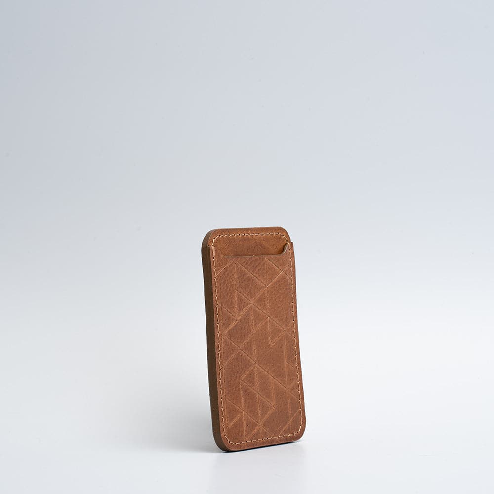 top quality Third-Party Mag Safe wallet with a strong MagSafe magnet from an Apple-approved supplier for iPhone made from premium top-grain vegetable tanned Italian leather with vectors pattern by Geometric Goods in classic brown color top rated