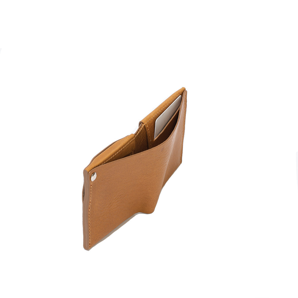 light brown leather wallet for bills, cards and coins made by Geometric Goods from soft premium Italian leather compatible with Apple's AirTag