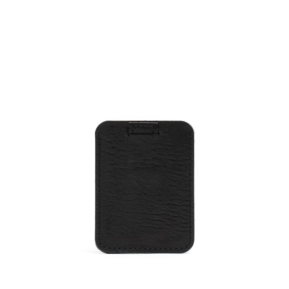 Black leather MagSafe wallet for iPhone, designed to hold more cards than Apple's MagSafe wallet, crafted from premium full-grain leather