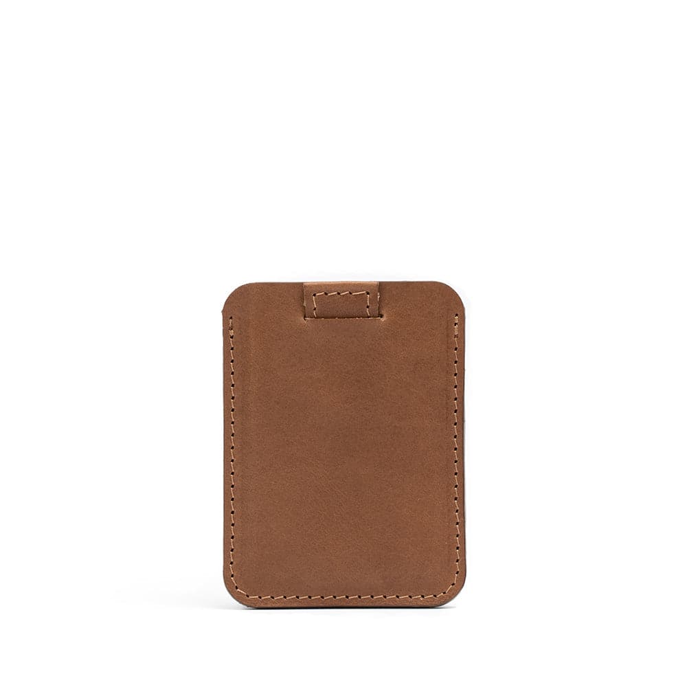 Front view of brown leather MagSafe wallet for iPhone, crafted from premium full-grain leather, designed to securely hold up to 6 cards