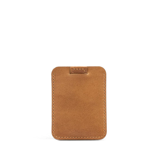 Leather MagSafe wallet in camel color for iPhone, holds up to 6 cards, crafted from premium Italian full-grain leather