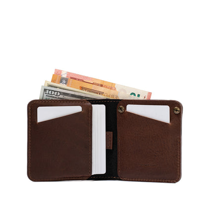 Geometric Goods dark brown AirTag bifold wallet with hidden AirTag slot, crafted from premium leather