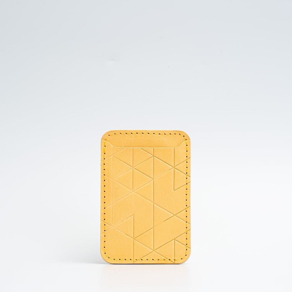 top quality designer Mag Safe wallet with a strong MagSafe magnet from an Apple-approved supplier for iPhone made from premium top-grain vegetable tanned Italian leather with vectors pattern by Geometric Goods in mustard yellow color top rated on reddit