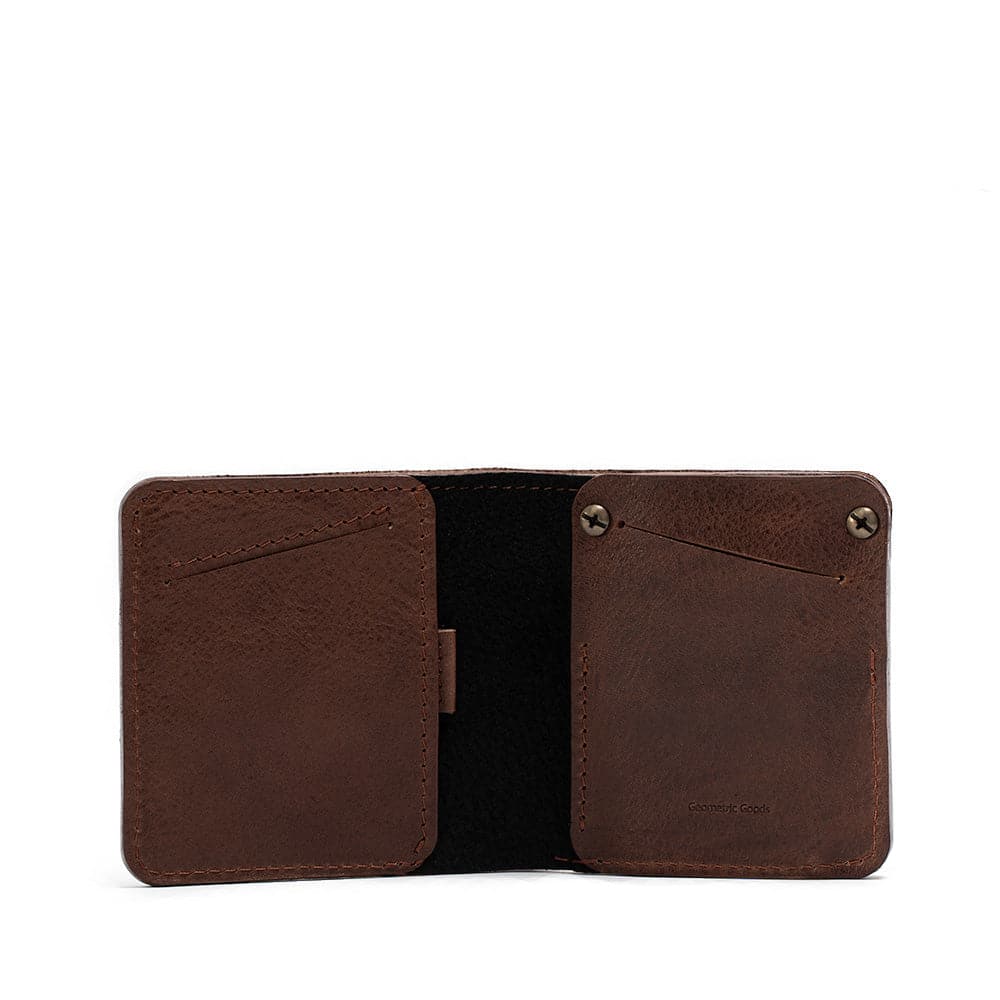 Dark brown AirTag wallet with hidden slot, crafted from premium Italian full-grain leather by Geometric Goods.