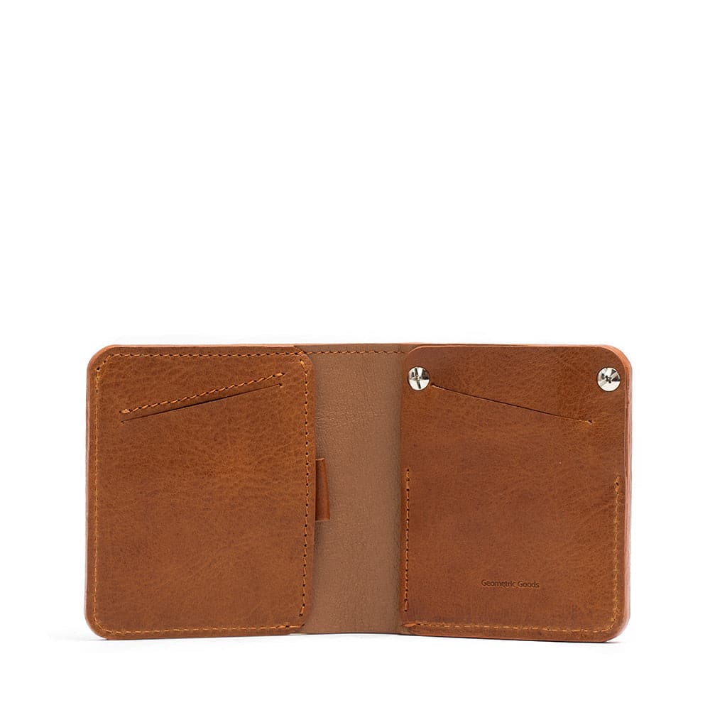 tan color billfold wallet compatible with AirTag made in Europe by Geometric Goods from premium Italian full-grain vegetable-tanned leather