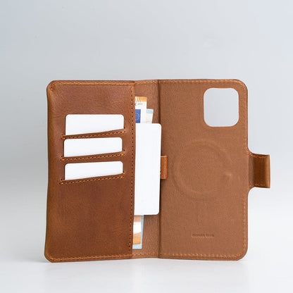 designer folio case wallet for iphone made by Geometric goods from premium italian leather in tan cognac brown color