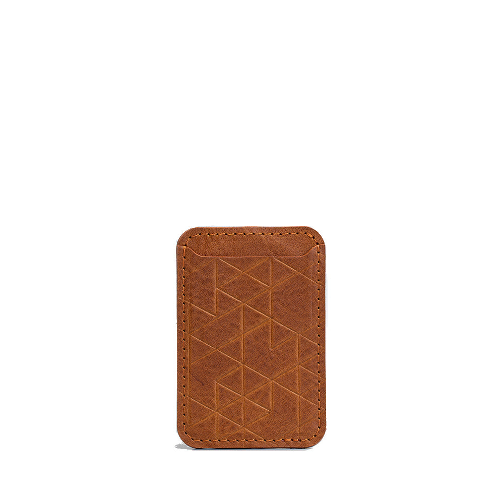 top quality Third-Party Mag Safe wallet with a strong MagSafe magnet from an Apple-approved supplier for iPhone made from premium top-grain vegetable tanned Italian leather with vectors pattern by Geometric Goods in cognac brown tan color top rated