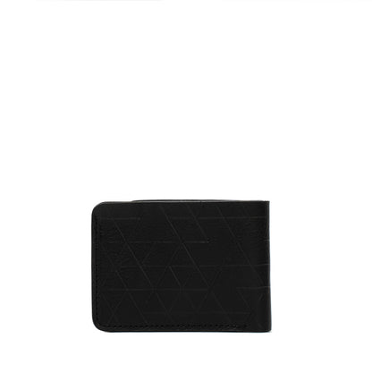 A sleek black leather billfold wallet designed with vector graphics and hidden slot for Apples's AirTag tracking technology.